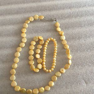 Lot of 2 Signed LUC 925 Silver Yellow Pearl Necklaces & Stretch Bracelets